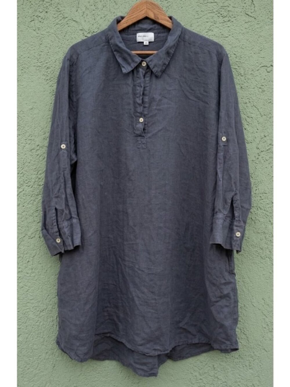 Allen Allen Plus 2X 100% Linen Shirt Dress Tunic Popover Pockets Blue Gray USA